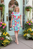 Shop women's dress Floral printed turquoise flutter short sleeve dress wholesale GJQ16165.(CS9)