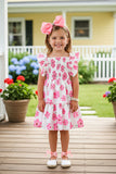 DLH2858 Pink flower printed light fabric summer girls swirl dress (A2S4)