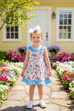 Floral printed & blue checkered girls dress w/side belt XCH0555-14 (A2S7)