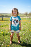 XCH0333-8H Bull prints blue top & Aztec shorts girls outfit sets (A4S2)