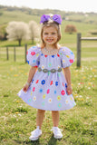 Girls dress wholesale Purple floral print puff short sleeve children's clothing store XCH03016 (A2S2)