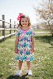 Spring cars & flower prints girl swirl dress w/short sleeve XCH0888-5H (A2S4)