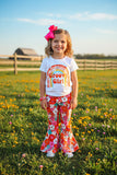 XCH0333-13H Rainbow prints top & floral bell bottom girls clothing sets (A6S1)