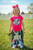 Hot pink bull skull printed top tessels bell bottom 2pc girls sets XCH0333-18H (A5S2)