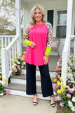 Hot pink & lime green & leopard color block long sleeve women top XCH14268 AS13