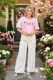 Pink sequin puff short sleeves & ice cream patch women shirt DLH13632 ( IS7)