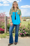 Turquoise Cow & Tooled printed short sleeve top w/front pocket DLH10407 (AS14)