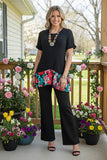 YMY9406 Black short sleeve women top w/floral printed ruffle (AS10)
