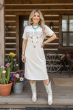 XCH13184 "WILD SPIRIT" beige short sleeve women dress w/side slits (AS8)