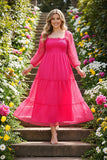 Fuchsia mesh sheer long sleeve women maxi dress w/lining XCH15851 (A10)