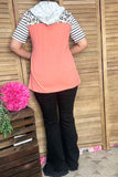 GJQ9320-4 Leopard & stripe print & peach short sleeve hooded women top (AS12)