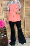 GJQ9320-4 Leopard & stripe print & peach short sleeve hooded women top (AS12)
