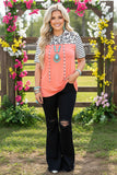 GJQ9320-4 Leopard & stripe print & peach short sleeve hooded women top (AS12)