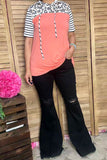 GJQ9320-4 Leopard & stripe print & peach short sleeve hooded women top (AS12)
