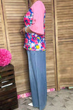 Women's clothing vendors Floral & pink color block 3/4 sleeve top BQ15017 GS5