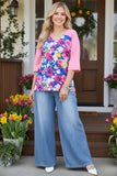 Women's clothing vendors Floral & pink color block 3/4 sleeve top BQ15017 GS5