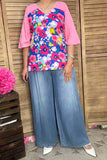 Women's clothing vendors Floral & pink color block 3/4 sleeve top BQ15017 GS5