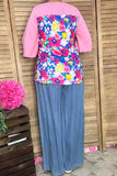 Women's clothing vendors Floral & pink color block 3/4 sleeve top BQ15017 GS5