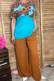Sunflower  &Aztec printed Turquoise short sleeves women tops XCH12481 (GS12)