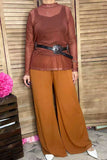 Southern Stitch Solid color brown sheer long sleeve women top XCH17035
