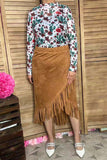 Plus size tan suede fringe tassel women skirt XCH13467S IS18