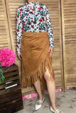 Plus size tan suede fringe tassel women skirt XCH13467S IS18