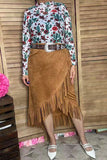 Plus size tan suede fringe tassel women skirt XCH13467S IS18