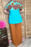 Sunflower  &Aztec printed Turquoise short sleeves women tops XCH12481 (GS12)