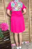 Floral printed & fuchsia color block short sleeve women dress GJQ15801 AS1