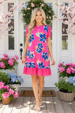 YMY14747 Floral printed ruffle short sleeve w/side pockets women dress BS4