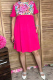 Floral printed & fuchsia color block short sleeve women dress GJQ15801 AS1