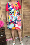 Multi color floral prints women dress with pink short sleeves XCH15001  (AS2)