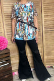 Plus size Bull skull & sunflower printed leopard short sleeve women tops XCH12468 GS11