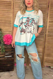 Southern Stitch Western riding horse printed short sleeve women top w/side slits XCH16985