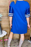 Blue sequin w/tan color football short sleeve women dresses XCH15253 AS7