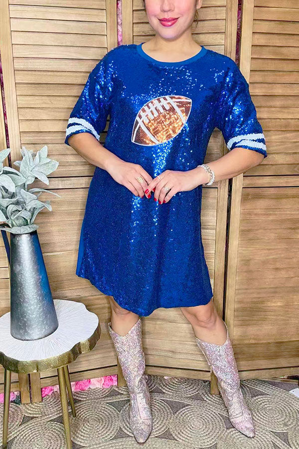 Western blue sequin football short sleeve women's boutique dress Southern Stitch XCH15253 AS7 S (US 4-6)