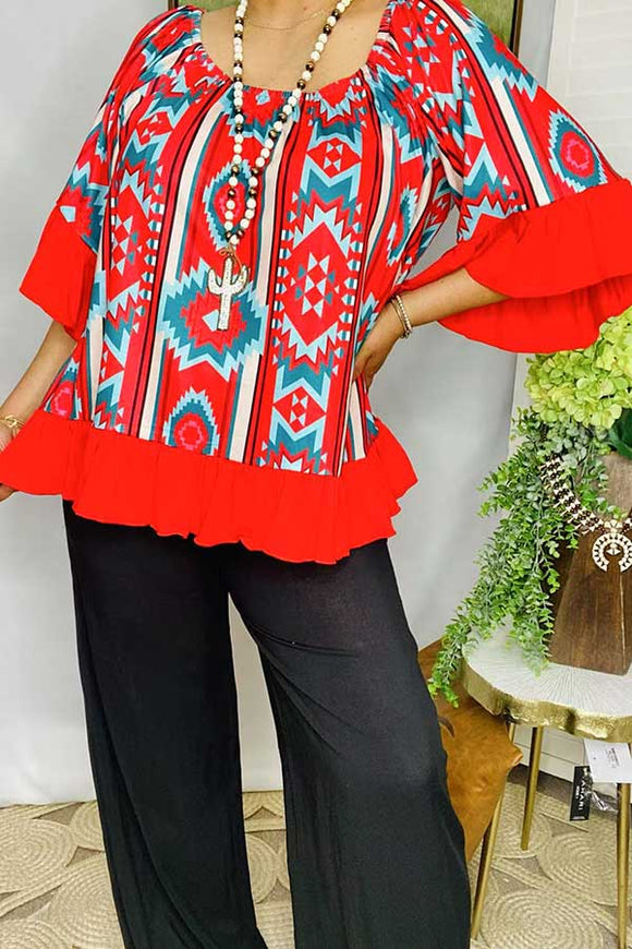 Women's blouse wholesale aztec printed off-shoulder and ruffle bell sleeves YMY15524