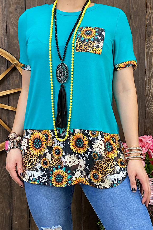 BQ12209 Turquoise & sunflower/animal printed short sleeve blouse