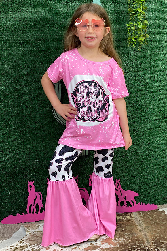 BOOTS & BLING A COWGIRL THING Pink cow printed girl set 1103WY