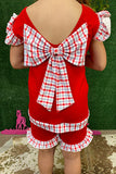 1104WY Red crab embroidery ruffle girls shorts set w/bow in the back