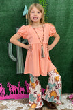Kids clothing wholesale Light peach blouse & western print bell bottoms girl set 1113WY