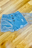 Blue denim girl distressed shorts w/shiny fringe tassels 230114M