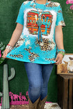 Turquoise leopard serape & cactus printed short sleeve t-shirt XCH12974 GS7