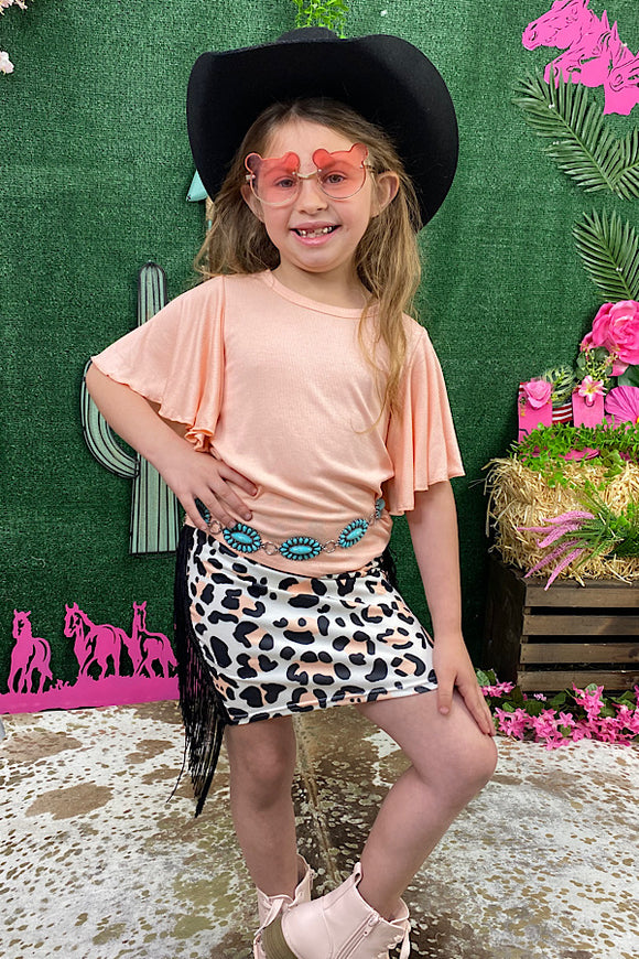 Pink leopard fringe skirt skirt girl set DLH2344
