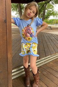 5696MZ Blue horse  & sunflower printed blouse & short  girl set