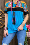 Snake/leopard & sunflower turquoise printed short sleeve top BQ10627 (DS7)
