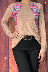 DLH7371 Camel color long sleeve top w/multi-color striped leopard printed patches