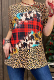 XCH12292 Leopard plaid & sunflower printed short sleeve top (GS6)