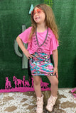 DLH2348 Soft Pink blouse w/multi color Aztec  fringe skirt girl set