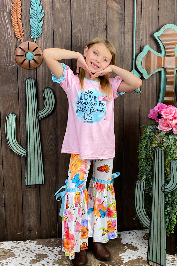 DLH0923-13 WE LOVE BECAUSE HE FIRST LOVED US Floral & butterfly printed girls set